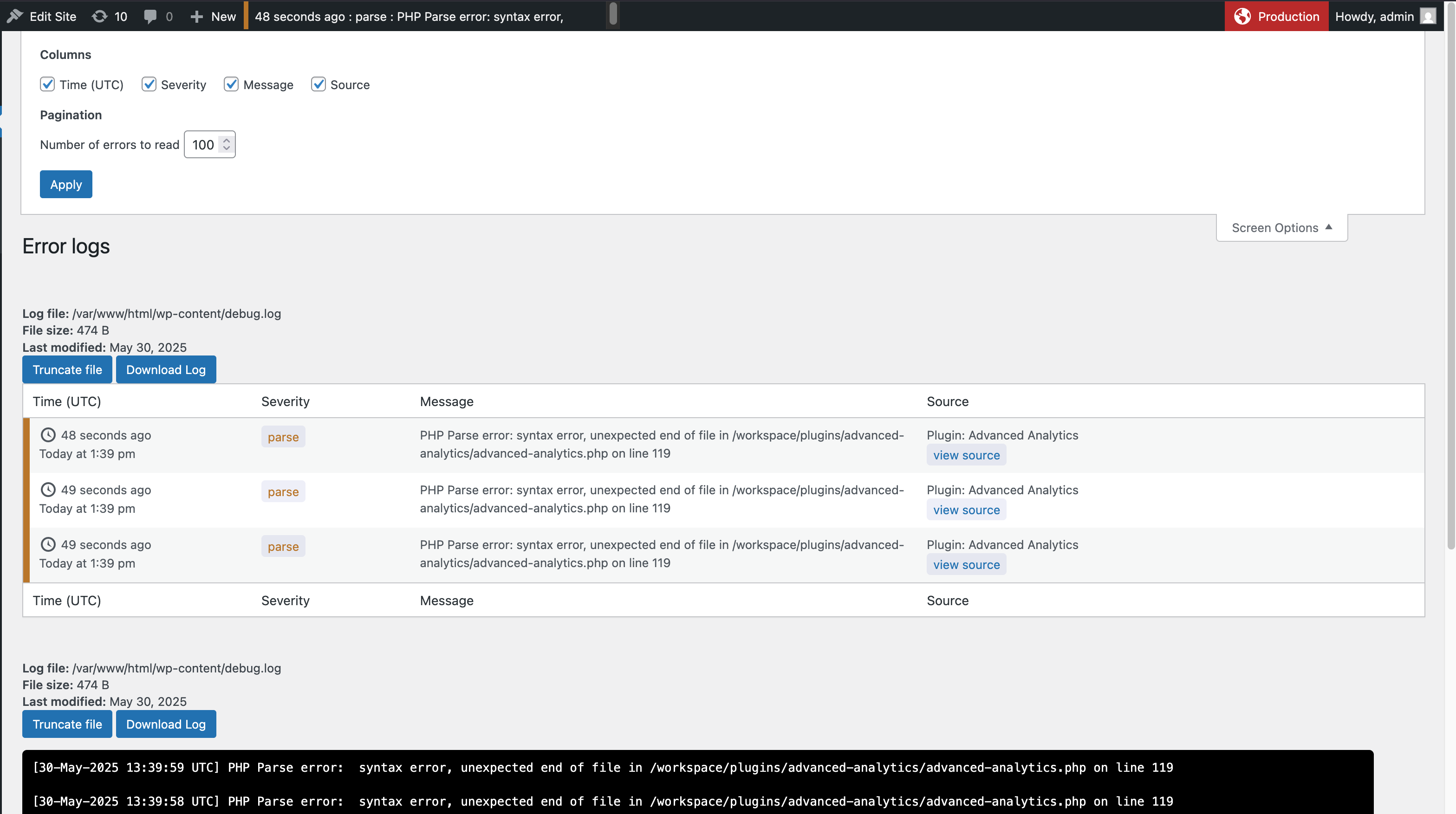 Error Log Overview - Displays a summary of recent errors logged.