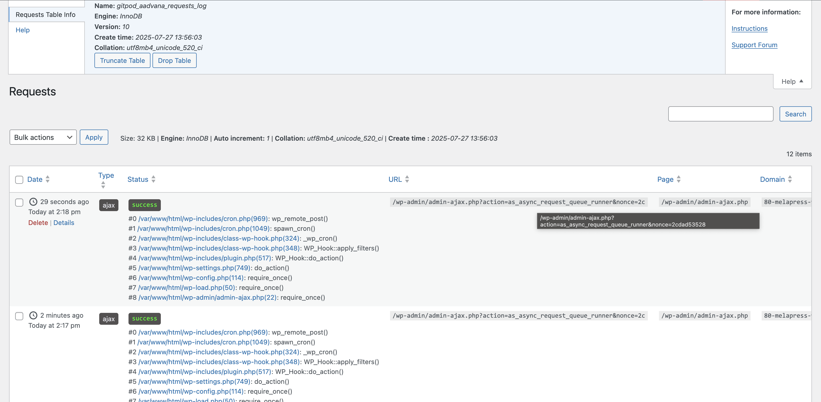 Requests operations - All the request made from the given WP install.