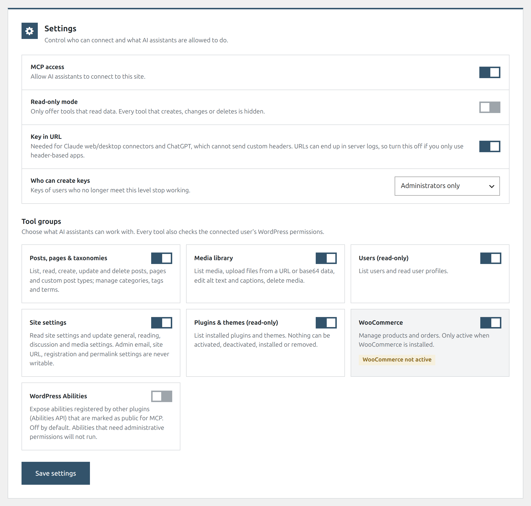 Settings: access control, read-only mode and tool groups.