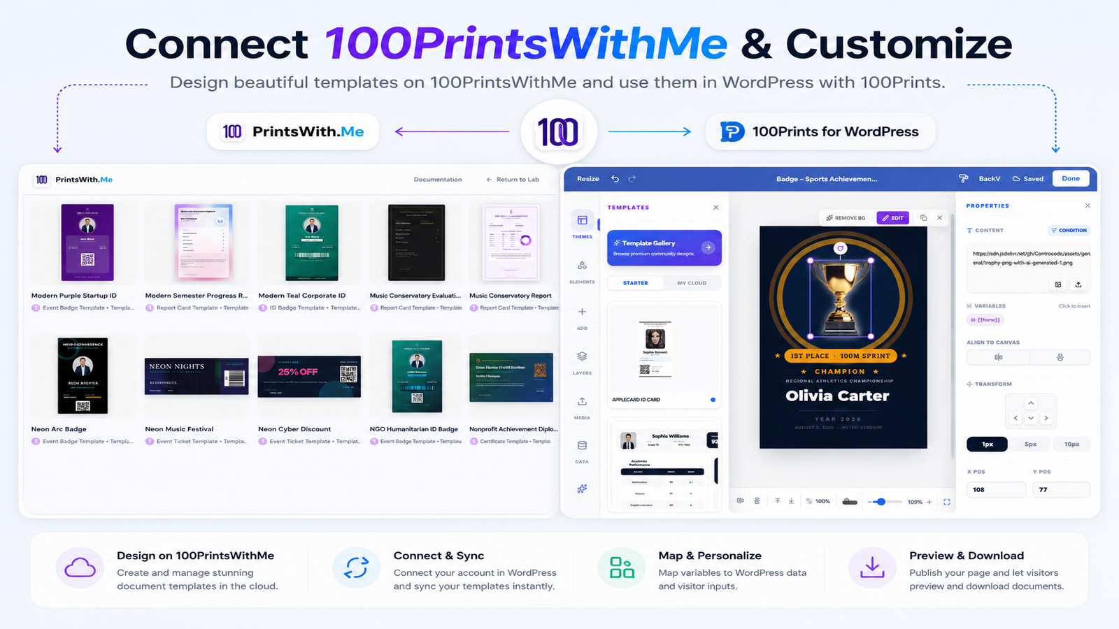 Create and customize document templates on 100PrintsWithMe, then use them in WordPress.