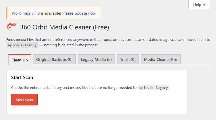The cleanup page: start a scan for unused media files and outdated image sizes.
