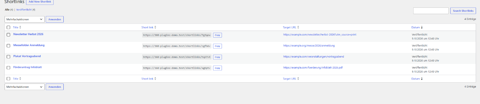 The list of shortlinks: title, short address with a copy button, and target address.