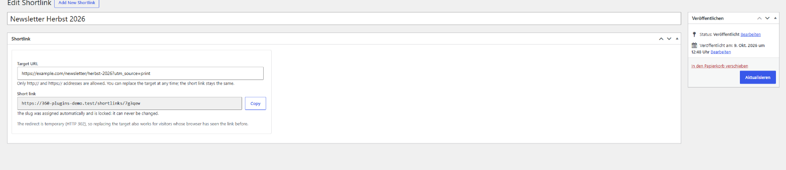 Editing a shortlink: the target address can be replaced, the short address is locked.