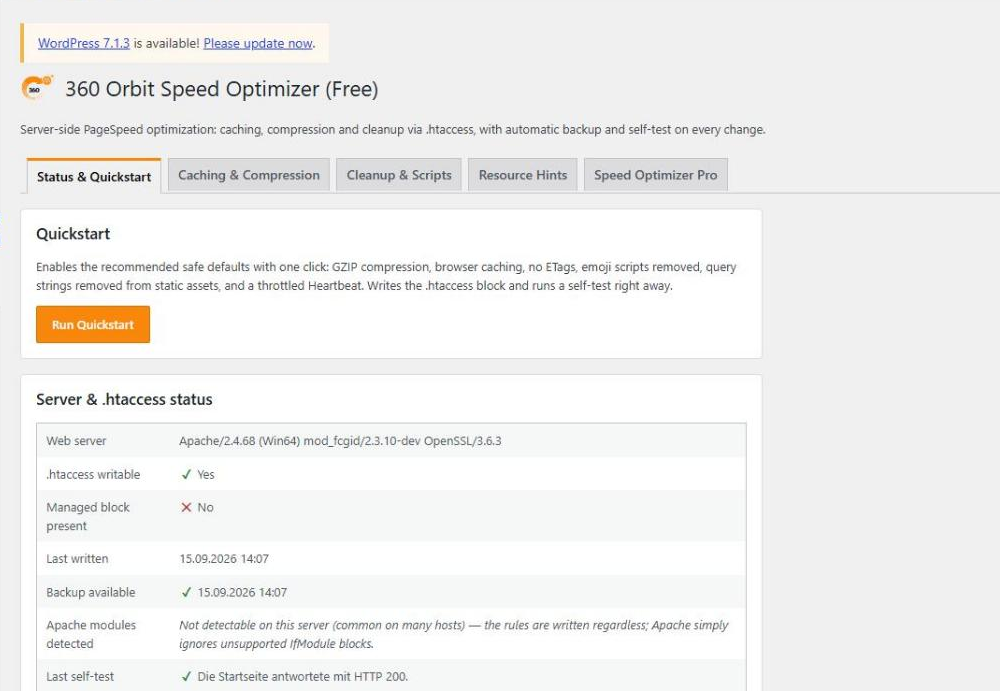 Status overview with the Quickstart button and the self-test result.