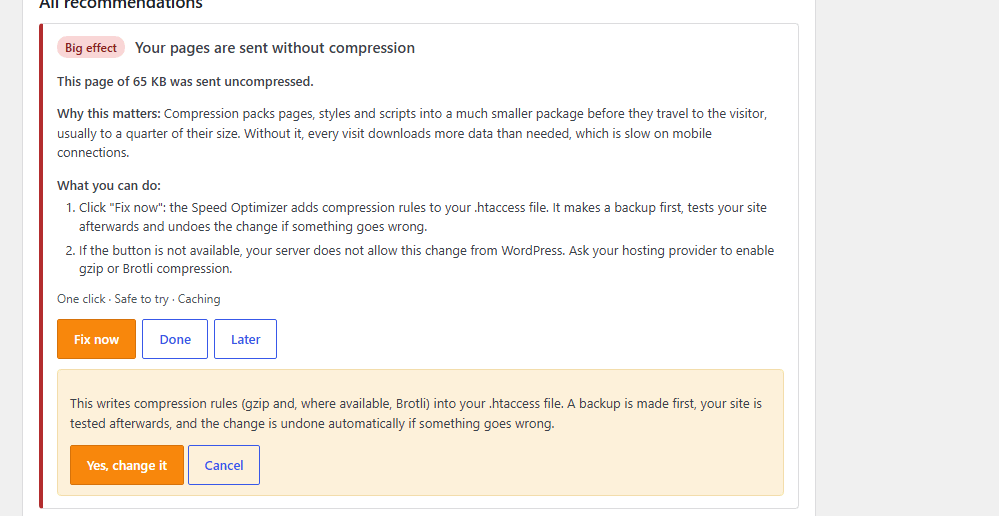 A recommendation in plain words with the measured number, the steps and "Fix now" with a confirmation.