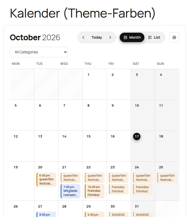 Design "Theme colors": the calendar takes colors and font from the theme (Twenty Twenty-Five)