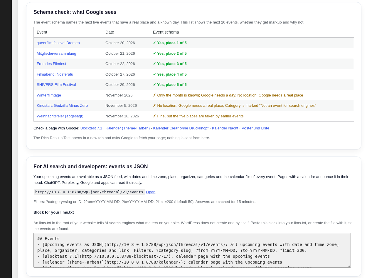 Schema check in the settings: which events get event markup and why not