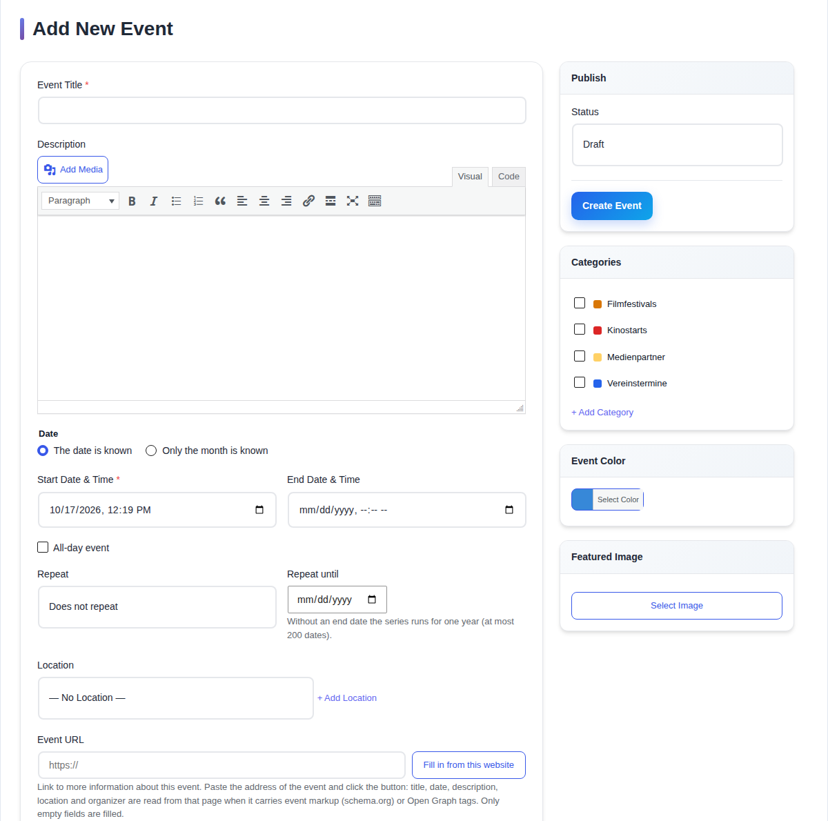 Event form with "Fill in from this website"