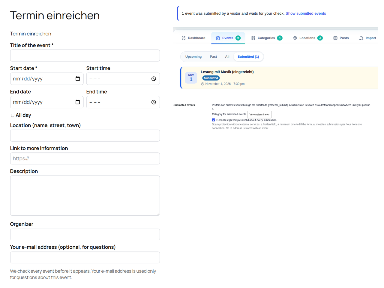 Visitors submit events: the form on the site and the "Submitted" view in the event list
