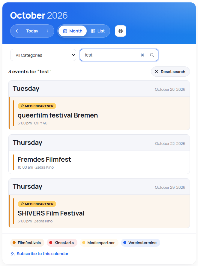 Search in the calendar: results of all months grouped by day, combined with the category filter