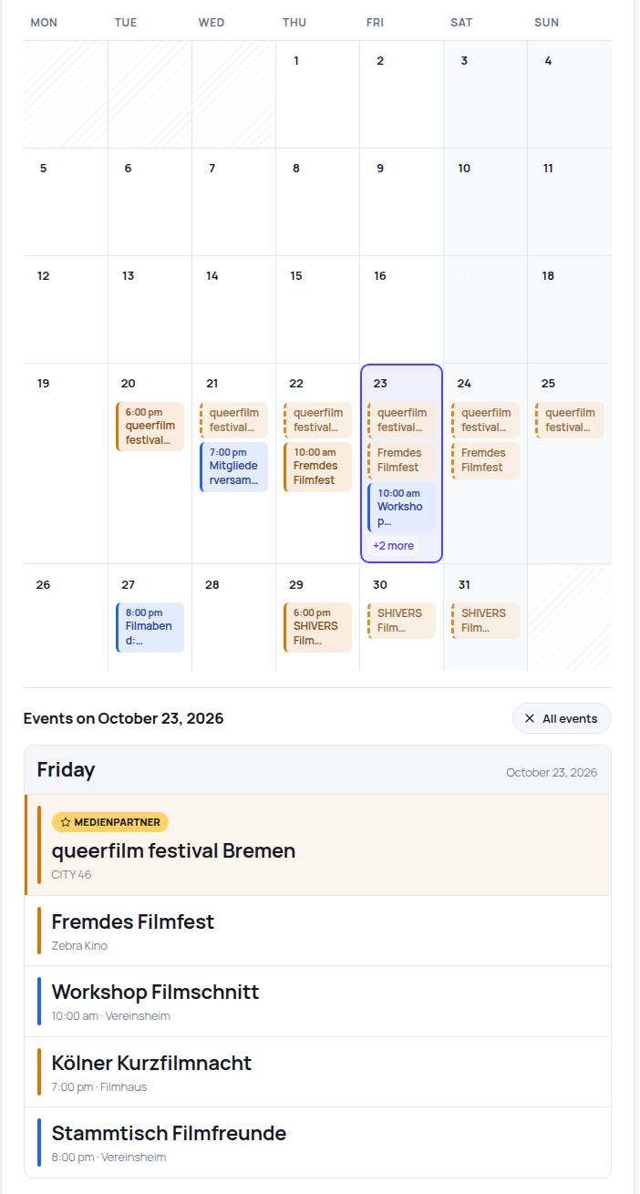 Day filter: a click on a day lists its events under the month grid