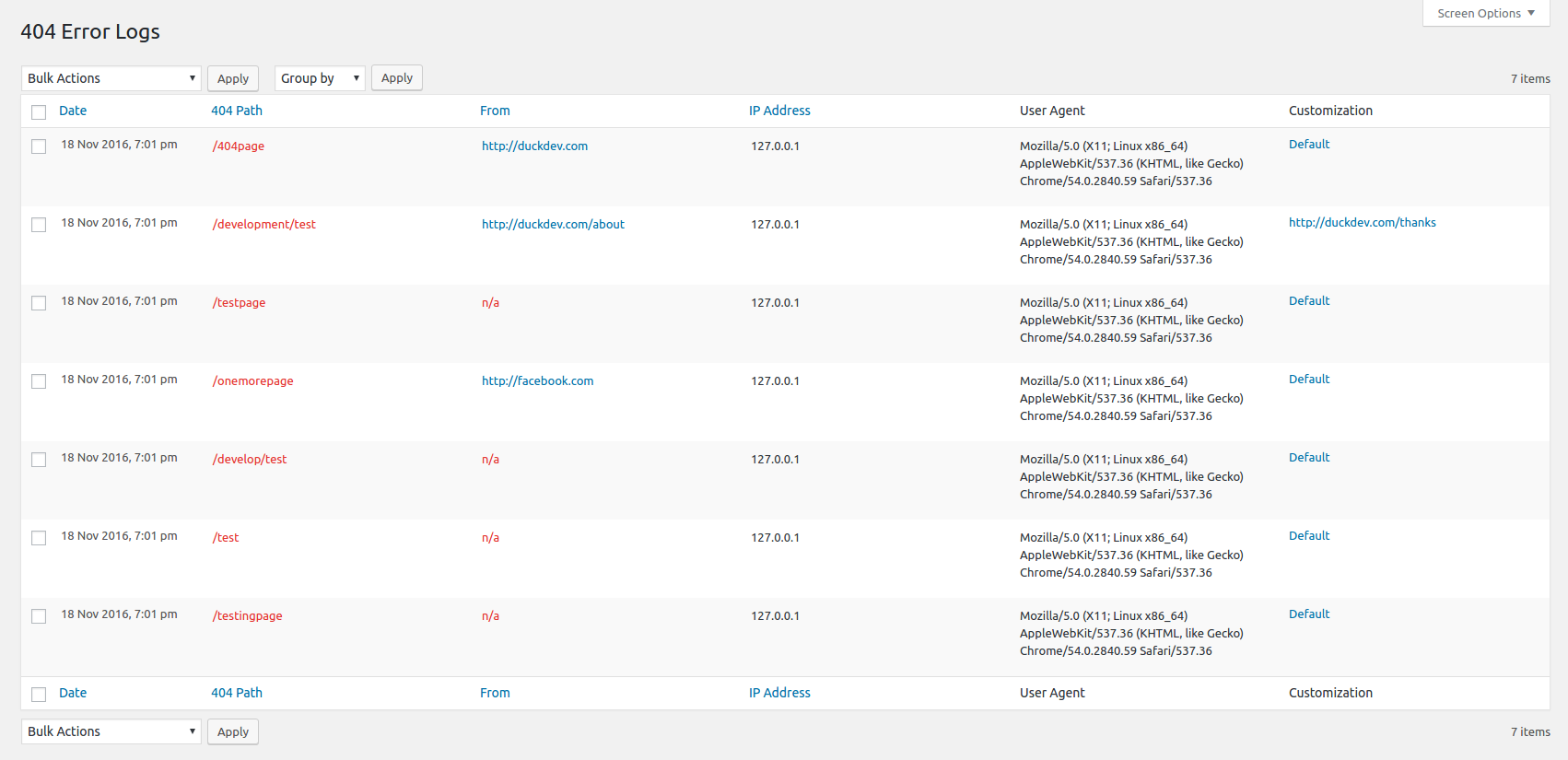 <strong>Error Logs</strong> - Logged 404 Errors.