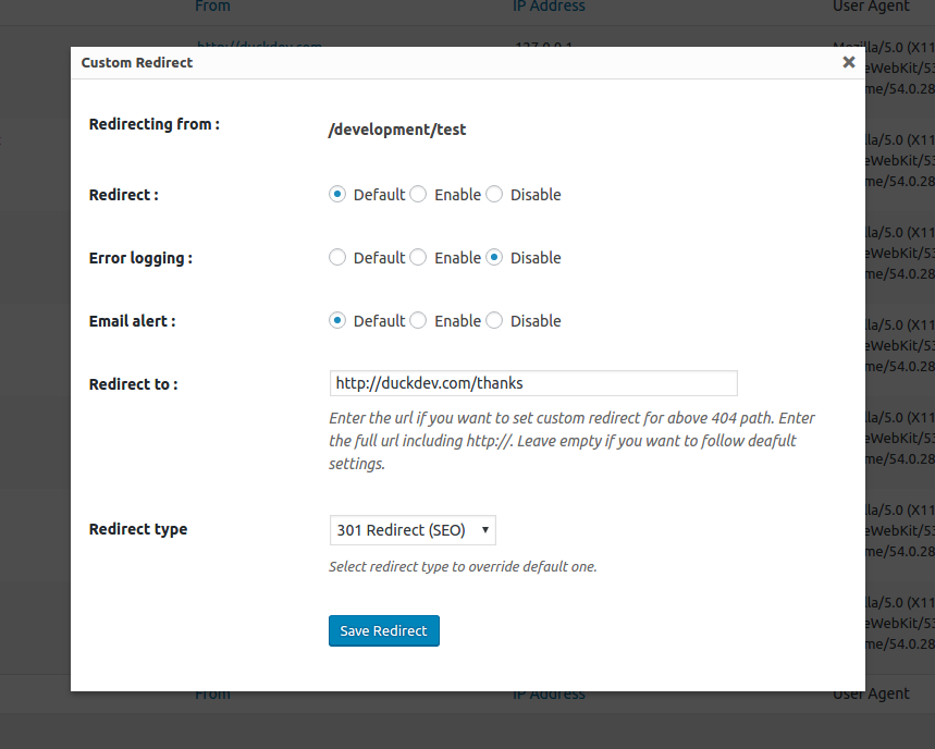 <strong>Custom Redirect</strong> - Setting custom redirect for each 404 paths.