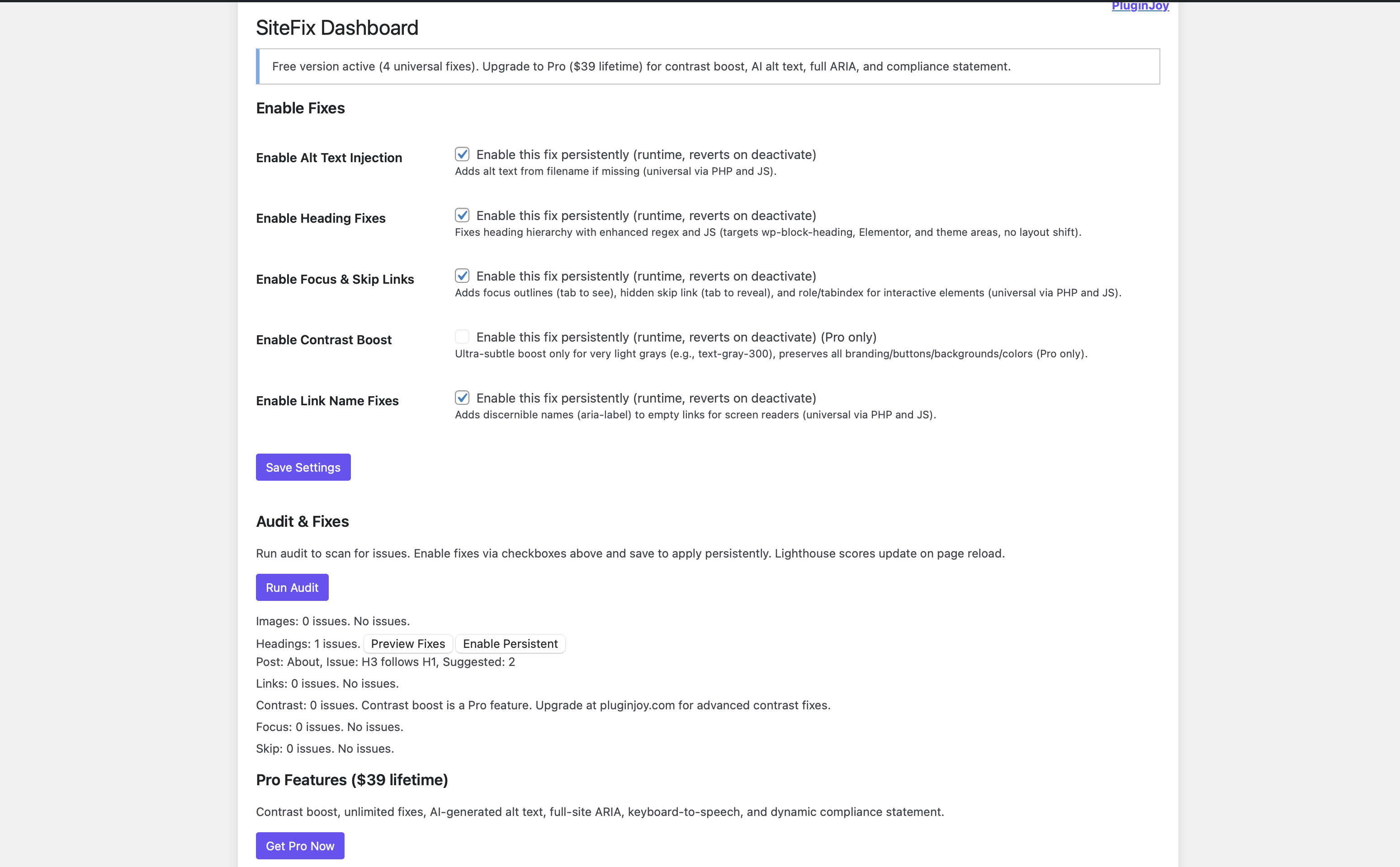 Dashboard Accessibility Audit: Quick scan results with one-click fixes for alt text and headings.
