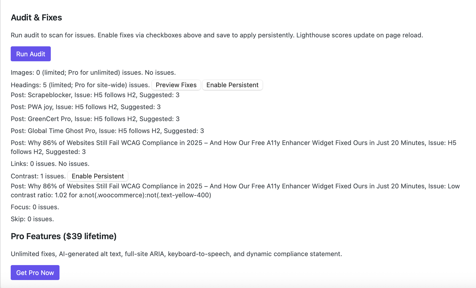 Audit Accessibility Issues: Detailed report on gaps like keyboard navigation—prioritize with SiteFix recommendations.