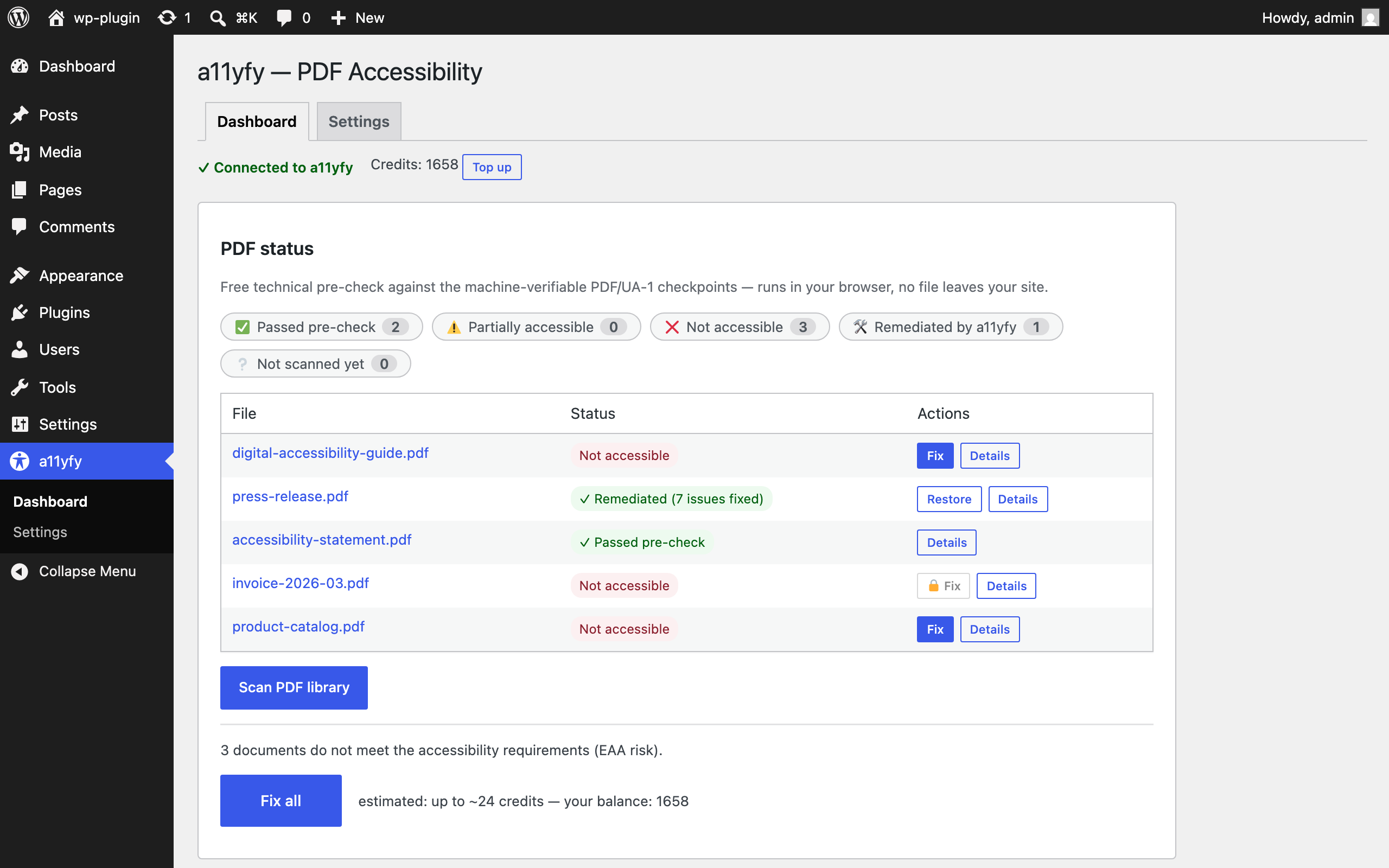 Dashboard: every PDF in your Media Library with its accessibility status — credit balance, filter chips, one-click Fix and "Fix all".