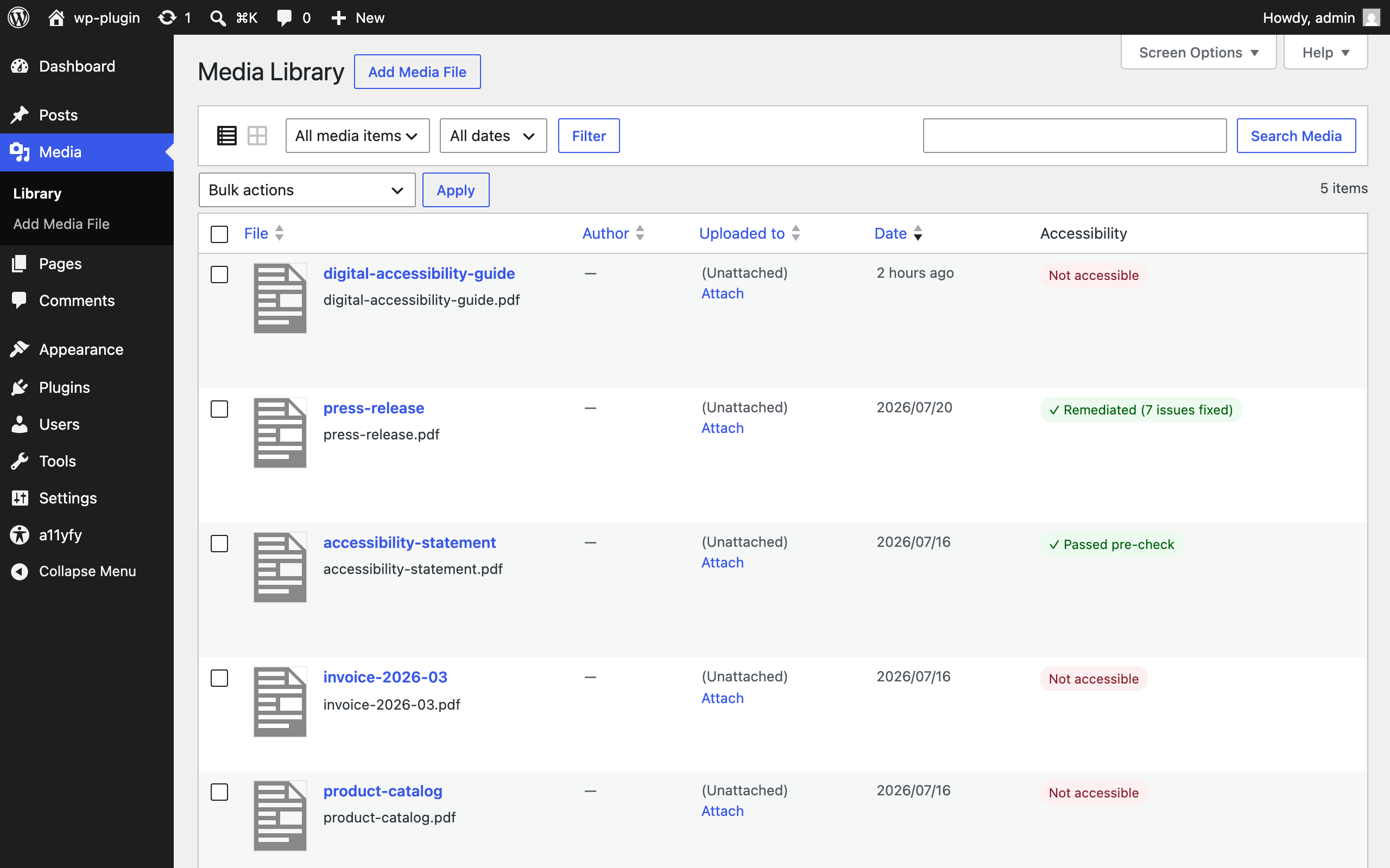 Accessibility column in the Media Library list view, with row actions.