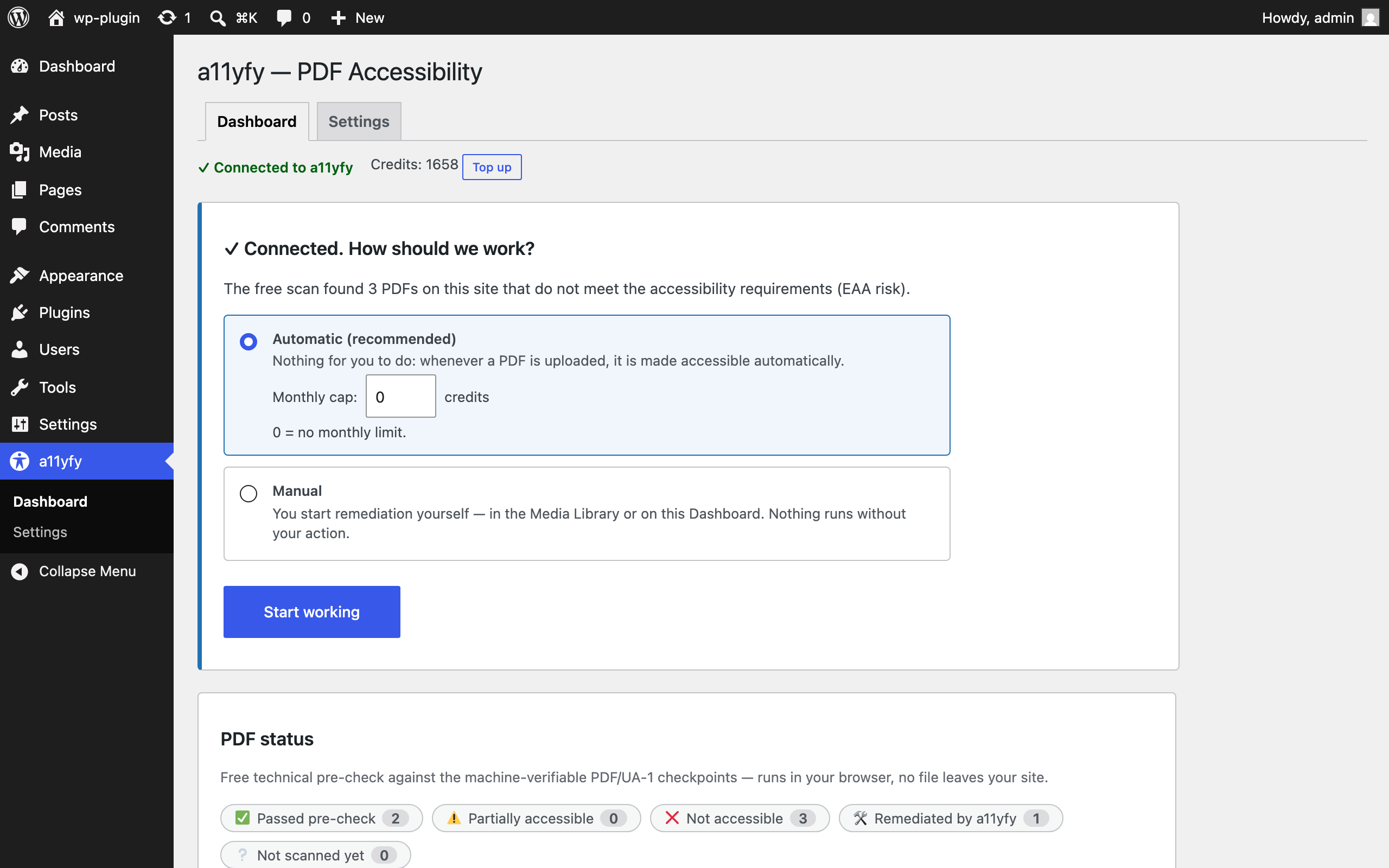 One-question onboarding: automatic or manual remediation, with an optional monthly credit cap (0 = no limit).
