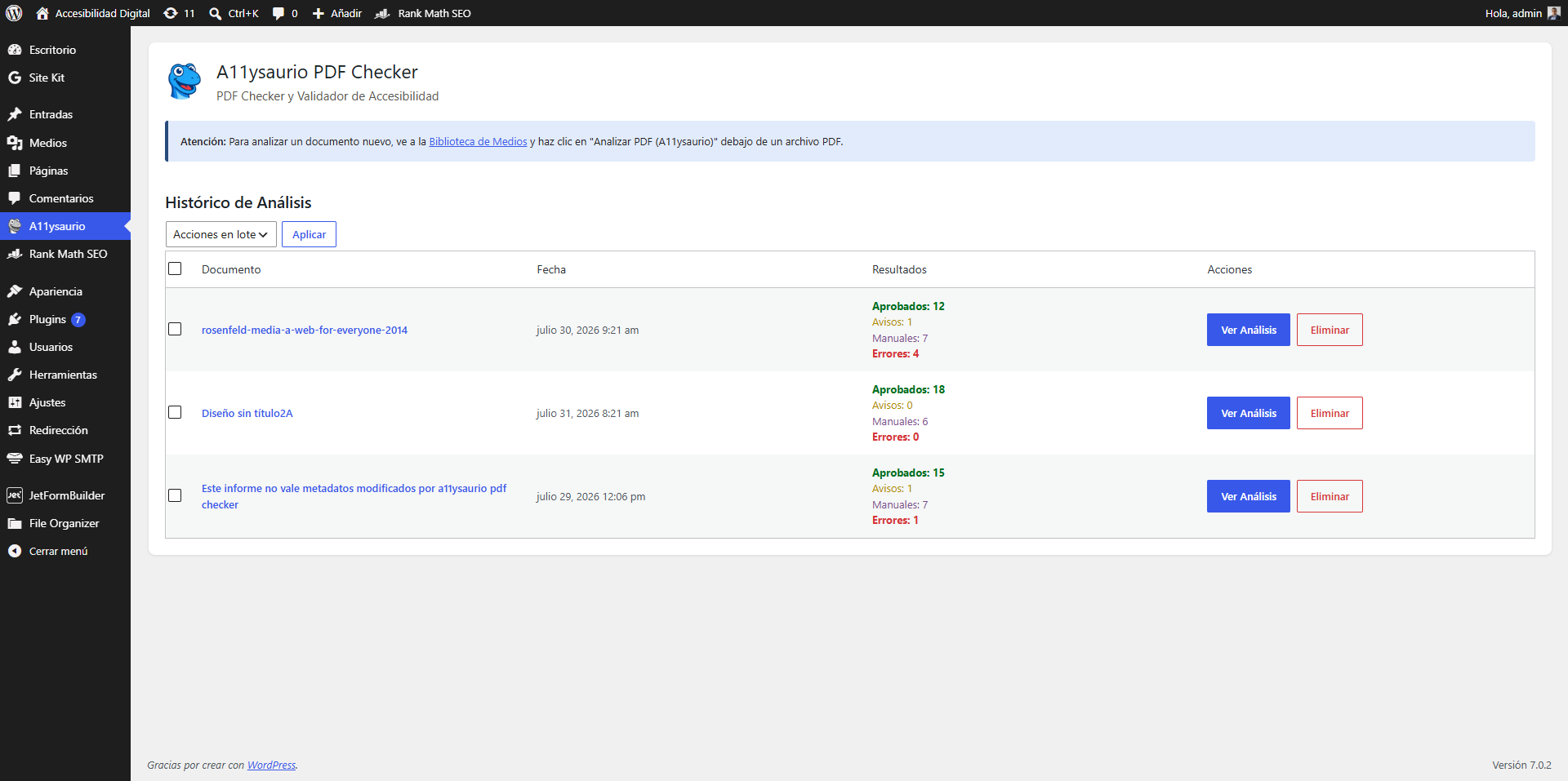 Overview of the PDF analysis history in the WordPress dashboard.