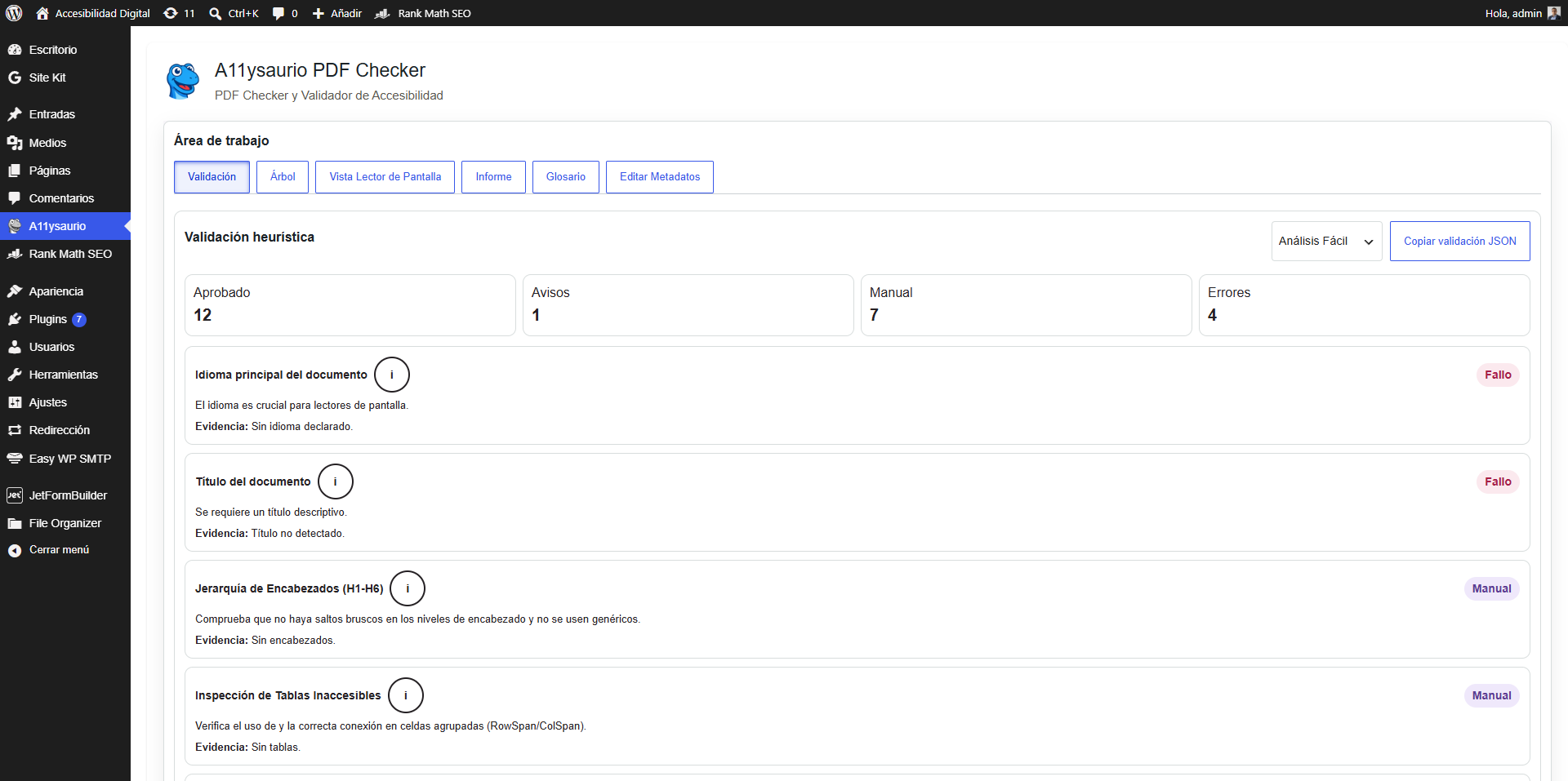 Accessibility report interface showing detected errors in a PDF.