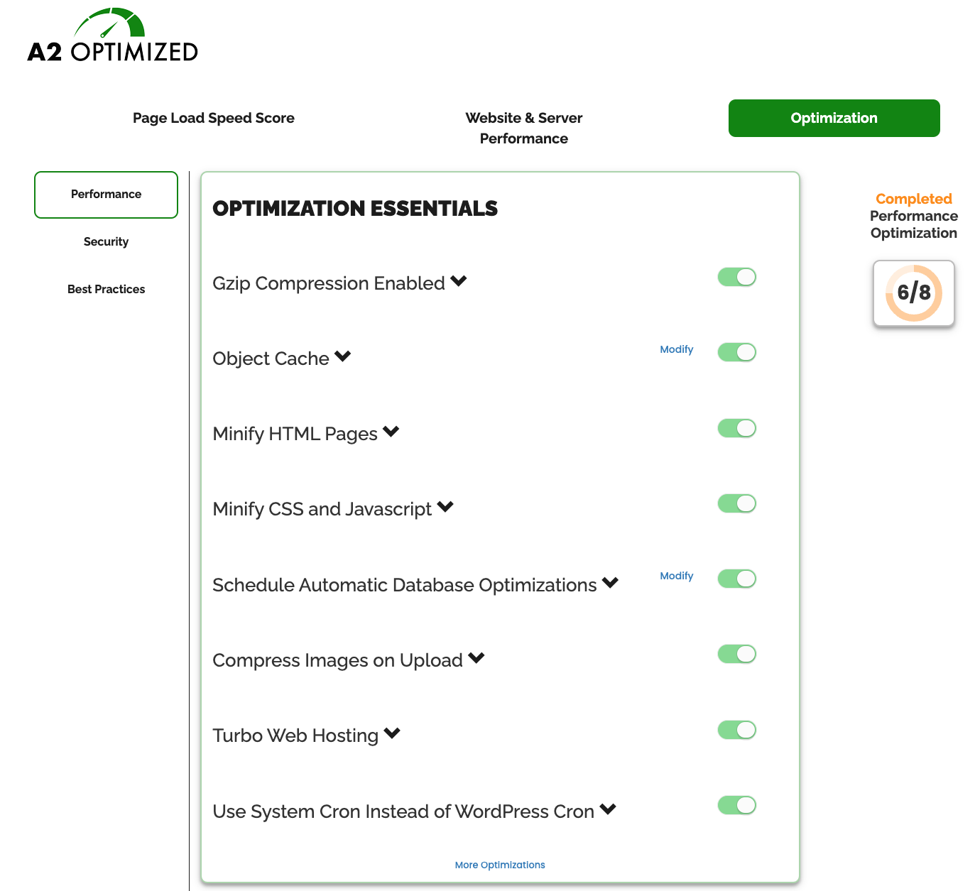 A2 Optimized Optimizations panel