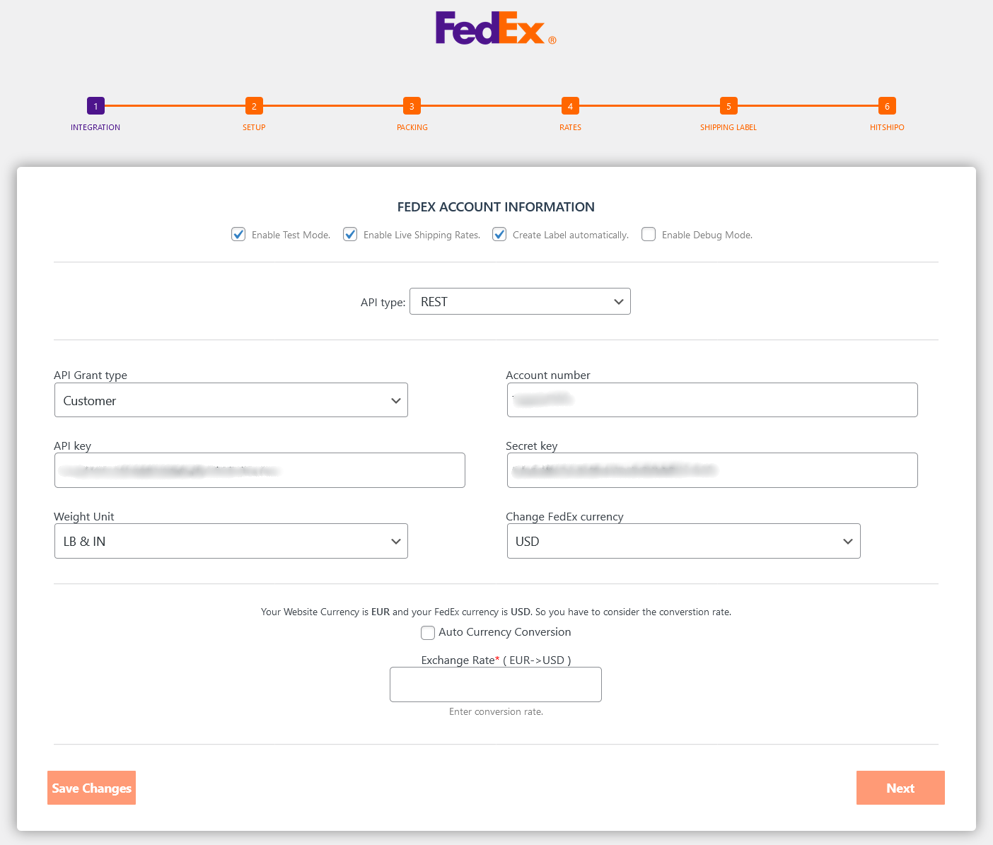 Fedex integration settings.
