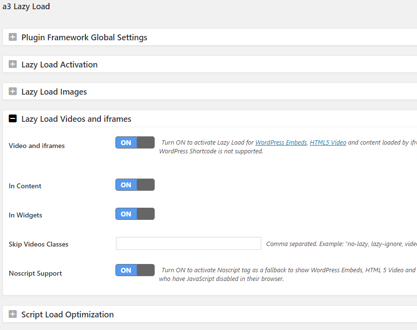 a3 lazy Load Video and iframe settings