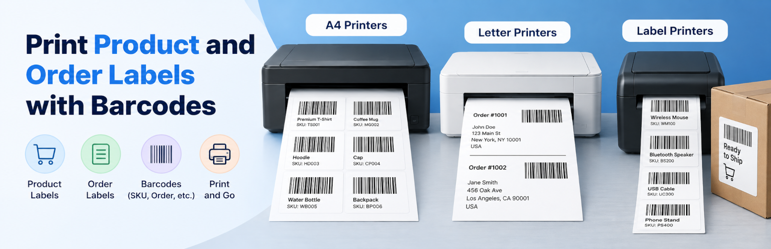 WordPress 外掛 Barcode Generator: Print Product Labels & Order Barcode Label (A4, Thermal/Roll, Letter) 的封面圖片