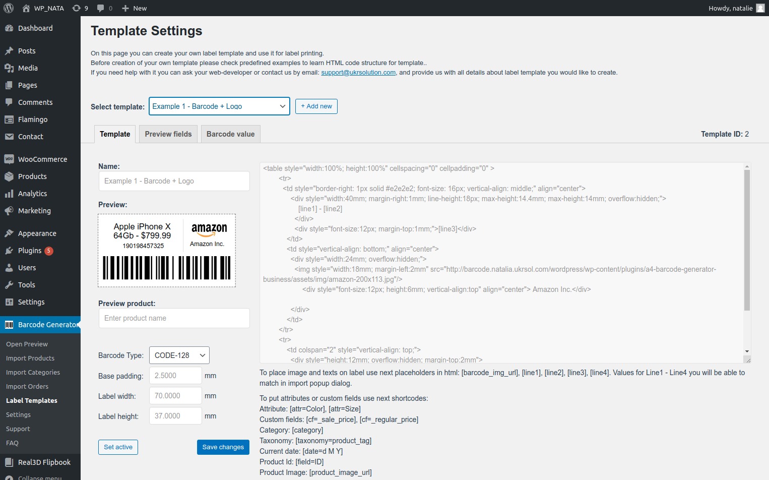 The Barcode generator settings menu.