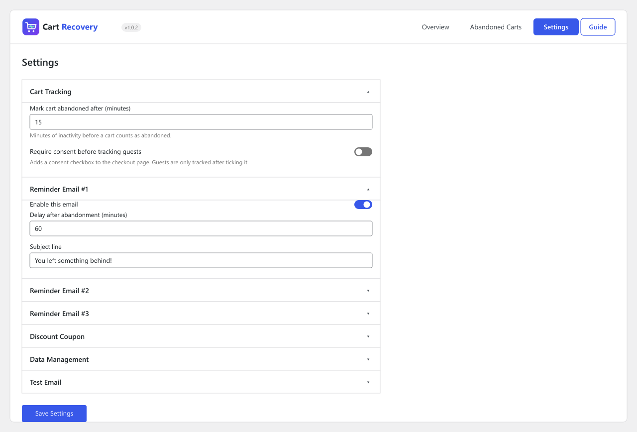 Settings — cart tracking threshold and the 3-step reminder email sequence.