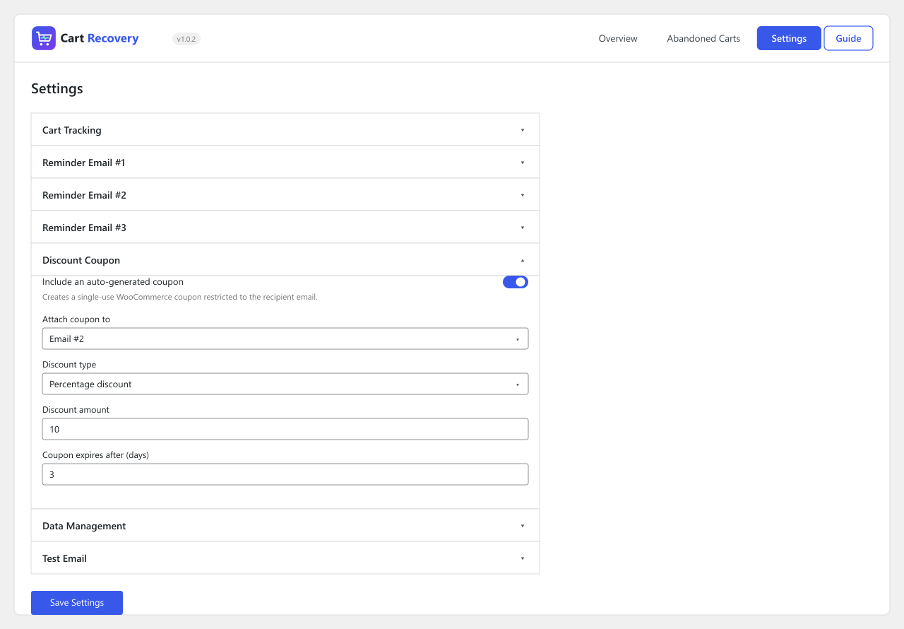 Settings — auto-generated discount coupon options.