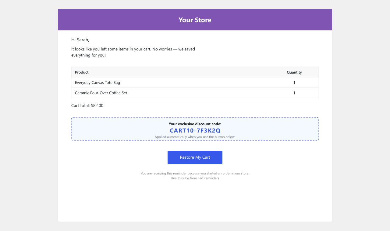 The abandoned cart recovery email a shopper receives, with a one-click cart restore button.
