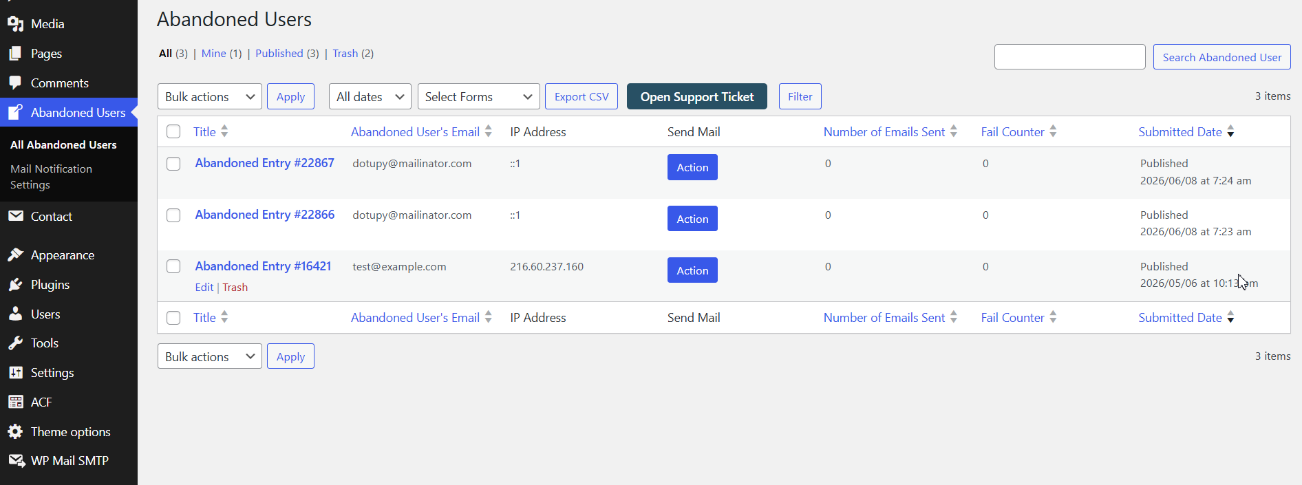 Abandoned Users list in the WordPress admin with email, IP address, and send-mail actions.