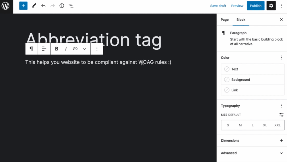 Abbreviation format button in the block editor.