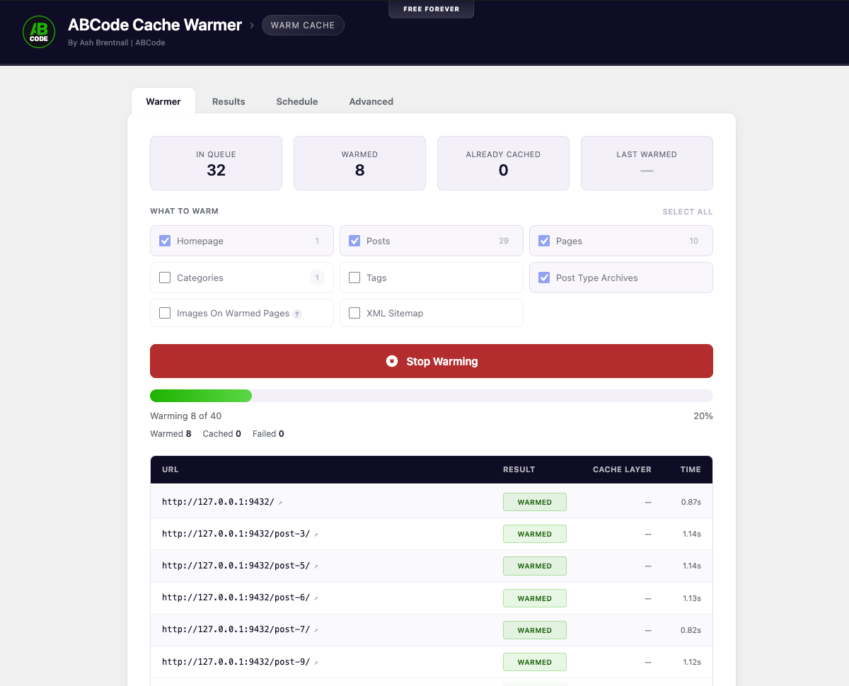 The cache warmer, mid-run, showing per-URL cache results.