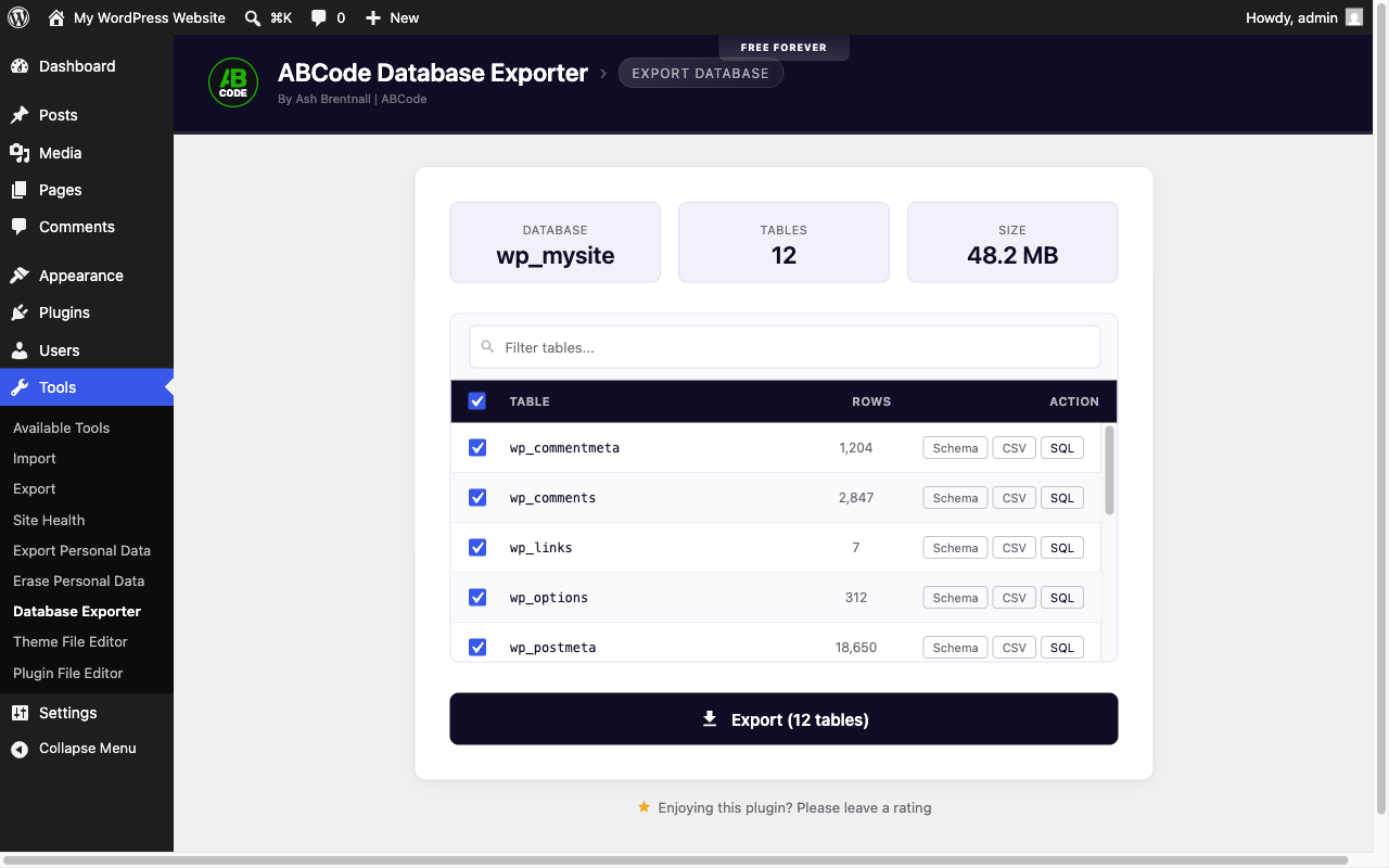 The main export screen showing database stats, table search, and one-click table selection