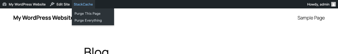 The StackCache menu in the toolbar, with Purge This Page on front-end views and Purge Everything anywhere. It replaces StackCache's own purge item so there is only one control.