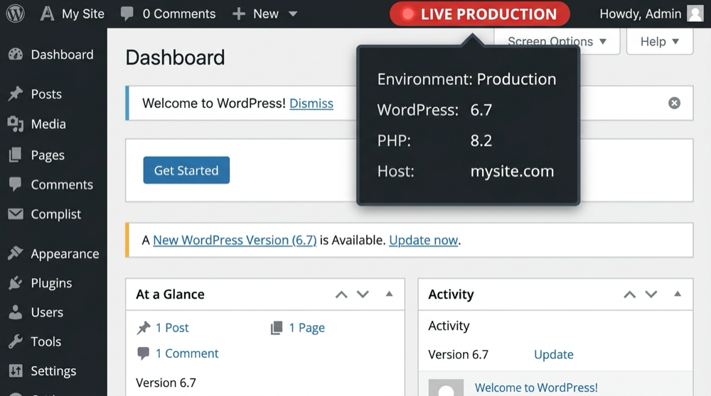 Admin Bar showing the bright environment badge and system info dropdown.