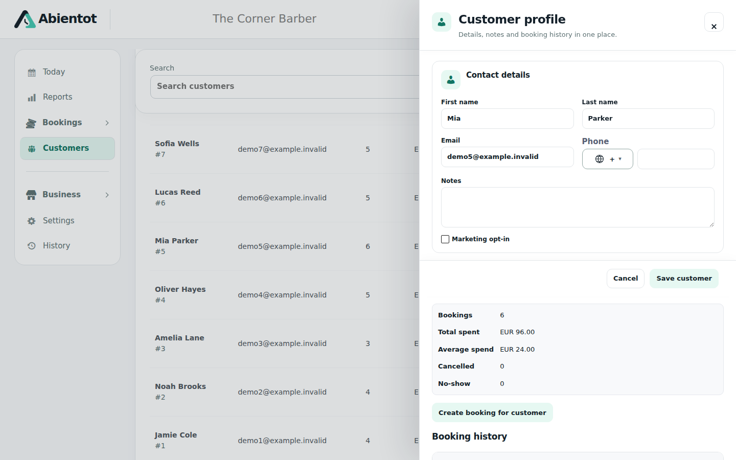 Customer profile with booking history and customer statistics.