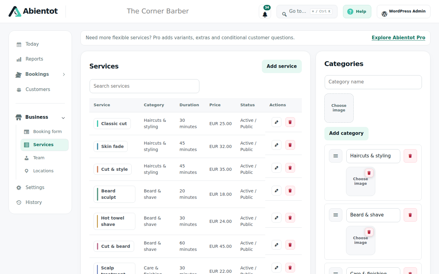 Services, staff profile, and location setup screens.