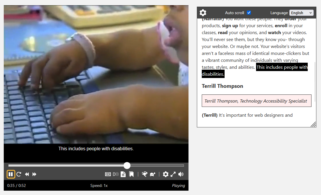 Able Player as a video player, showing captions and an auto-generated interactive transcript