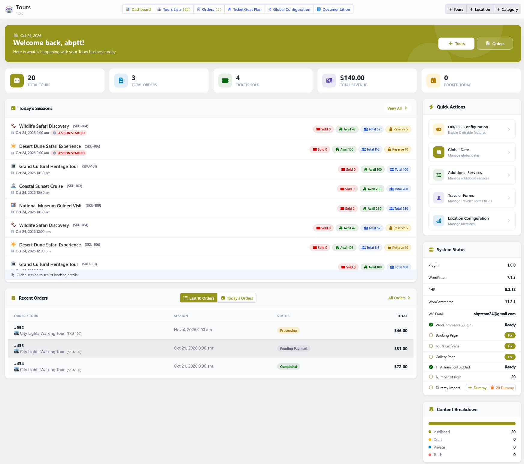 Admin Dashboard - overview charts and System Status health check