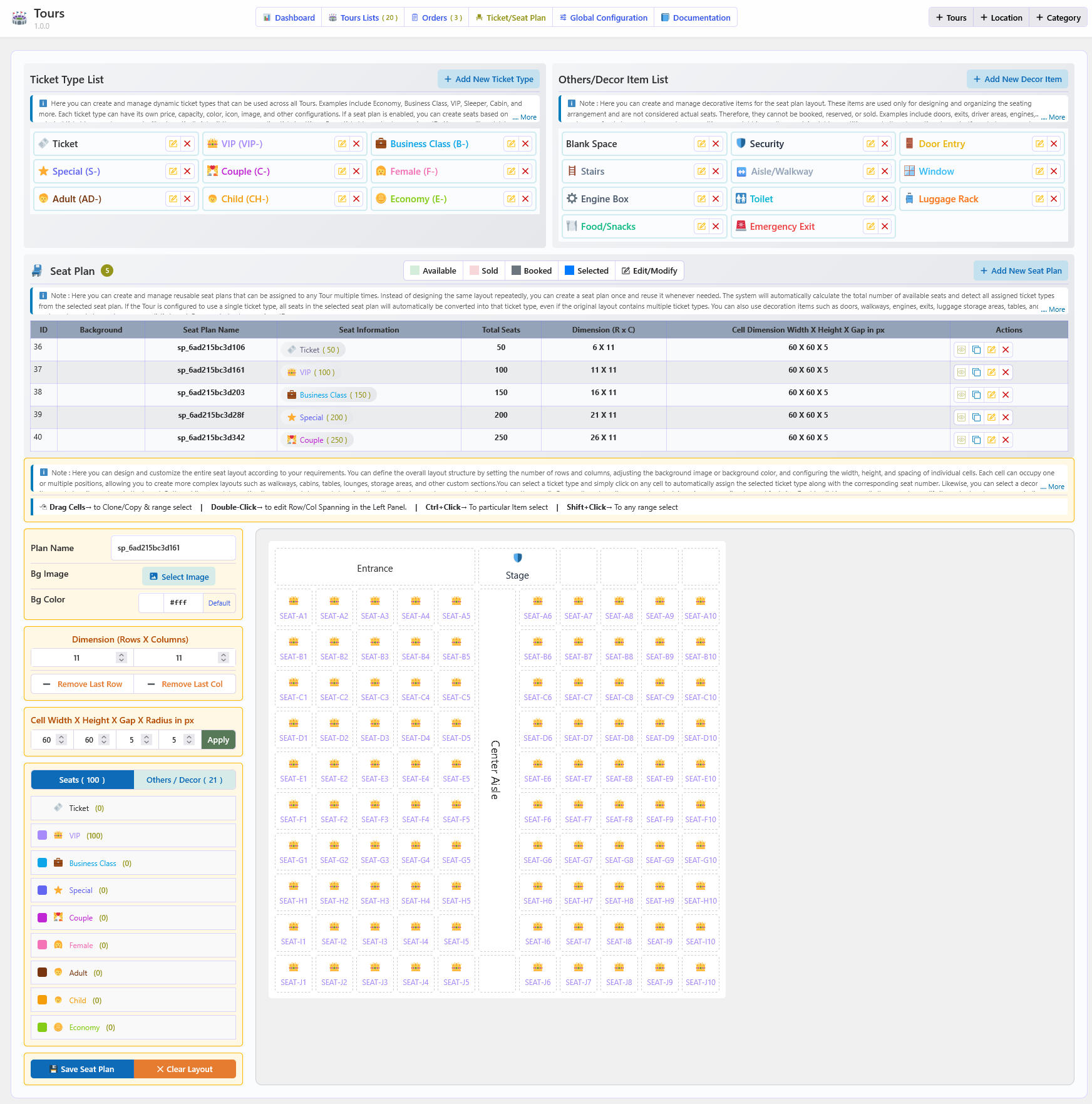 Ticket/Seat Plan designer - drag-and-drop seat layout editor