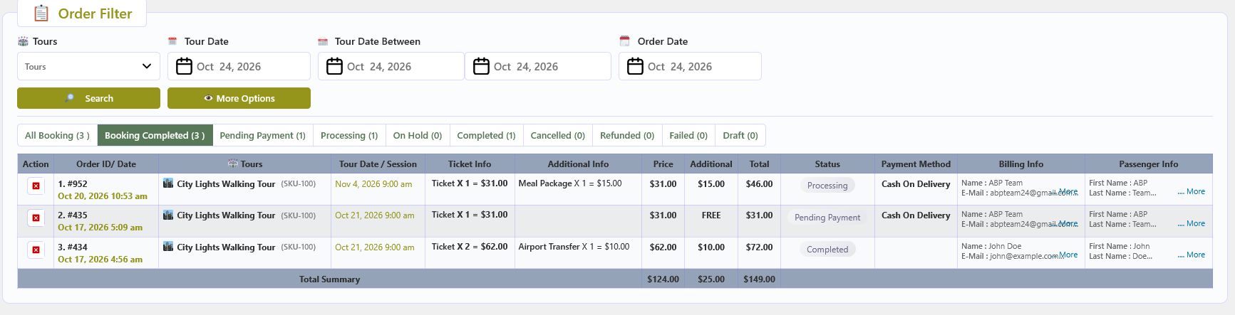 Orders - booking and order management with status and check-in