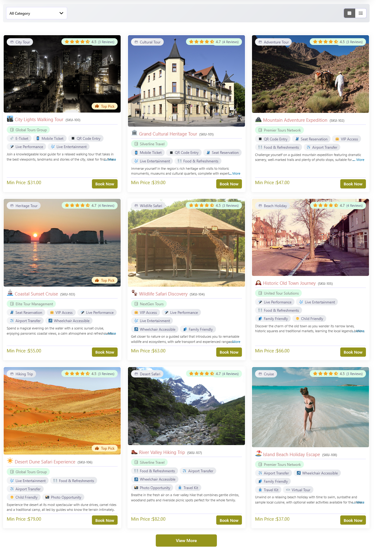 Frontend tour listing - tour grid with search and filters