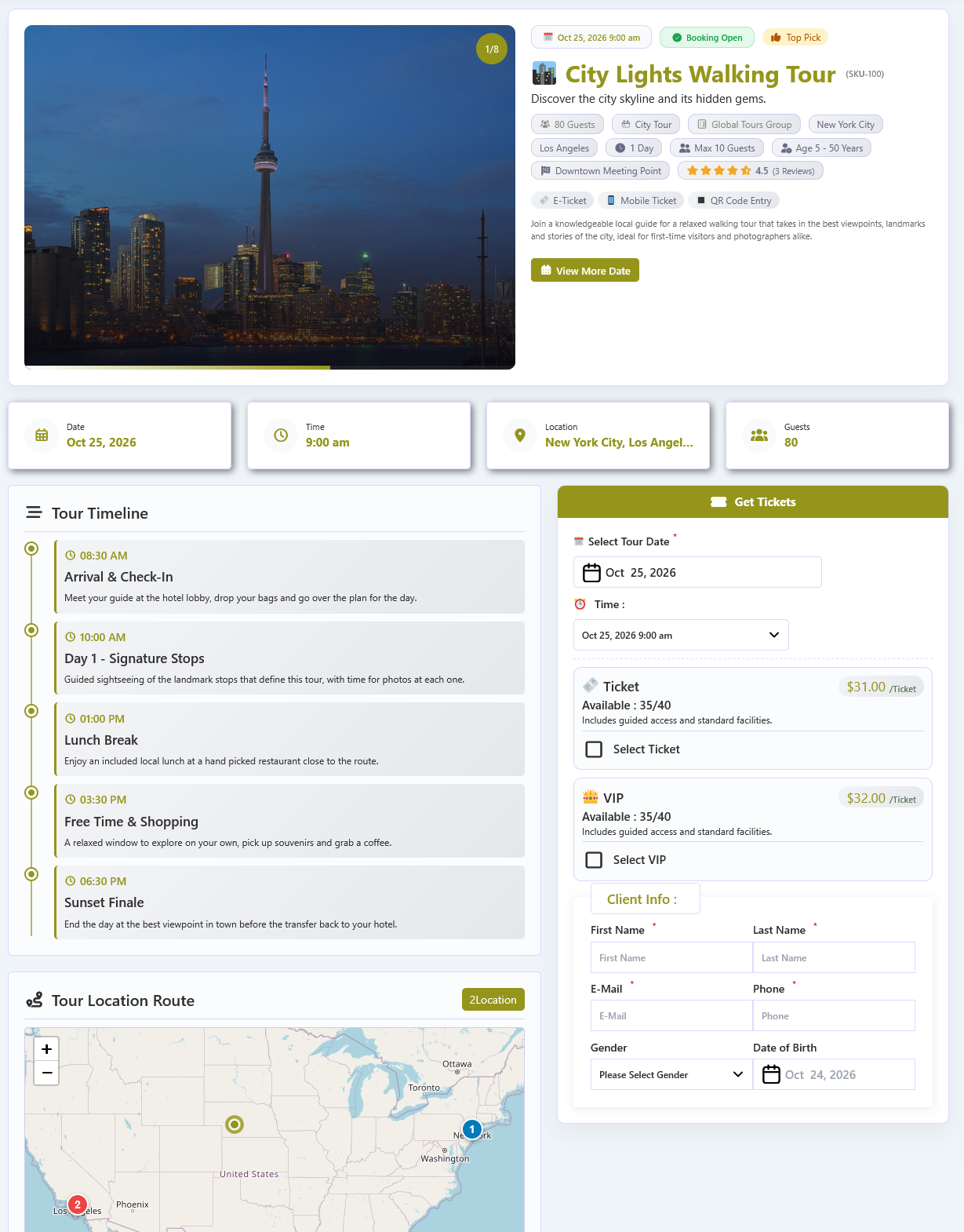 Frontend tour detail - ticket/seat selection and booking form