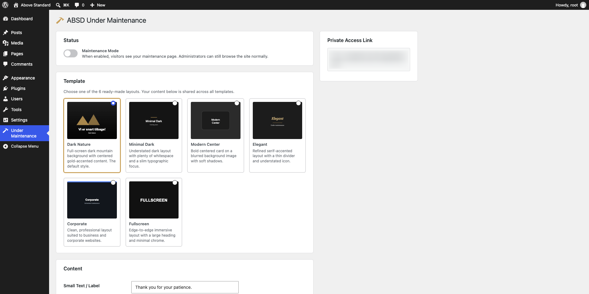 Maintenance mode settings — status, template selection and content fields.