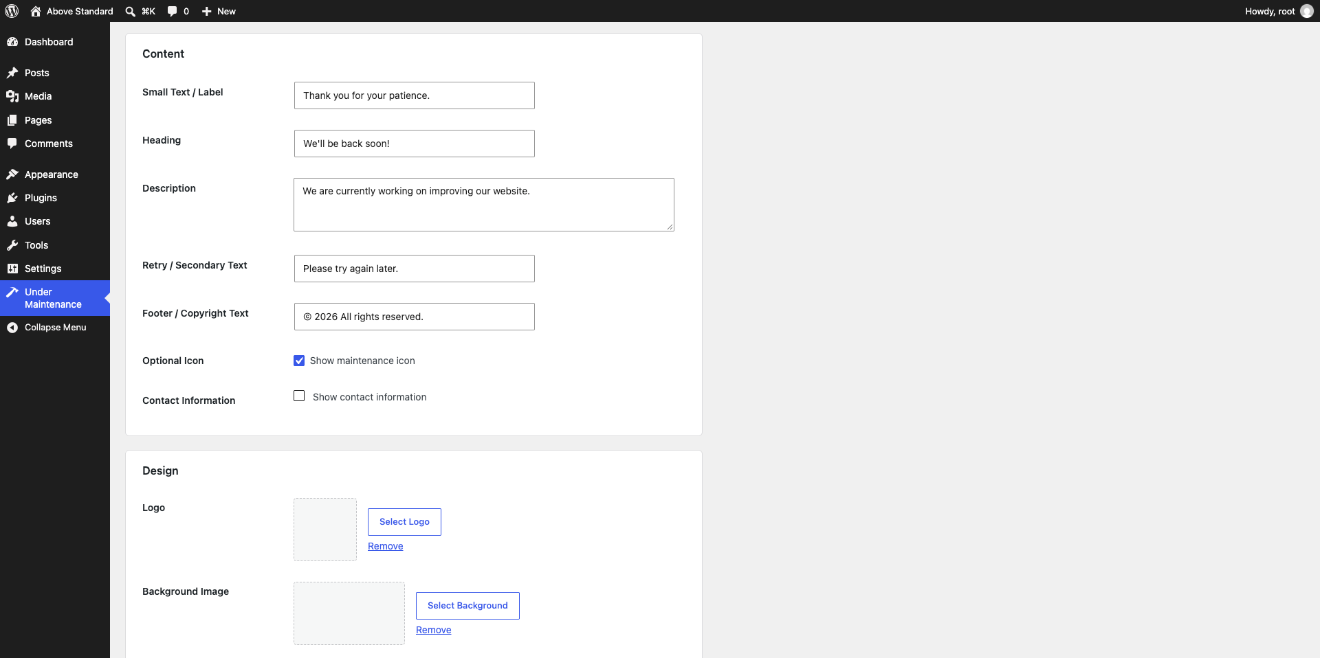 Example front-end maintenance page.
