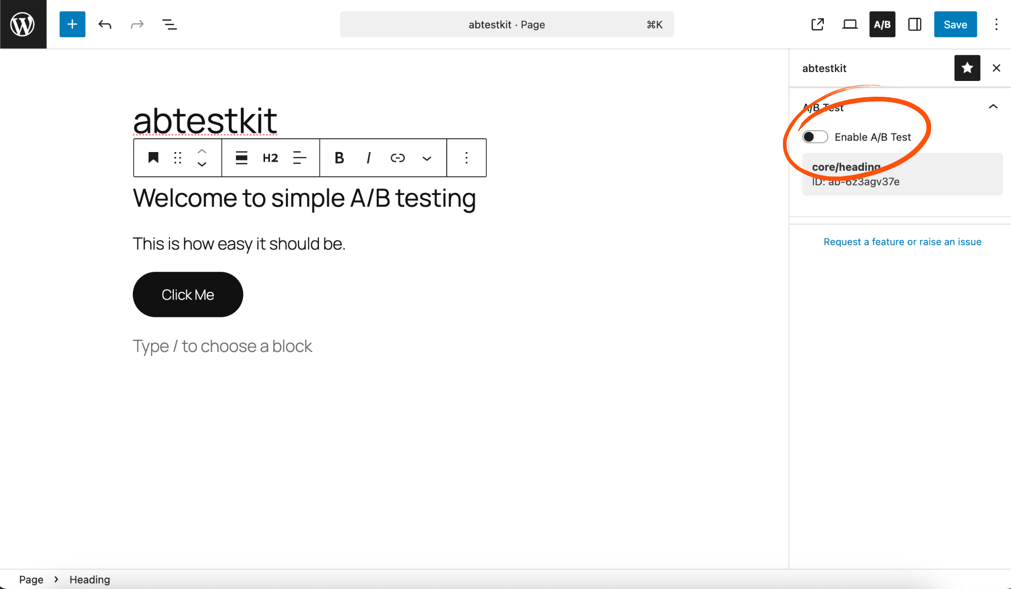 Enable A/B testing directly in the block sidebar.