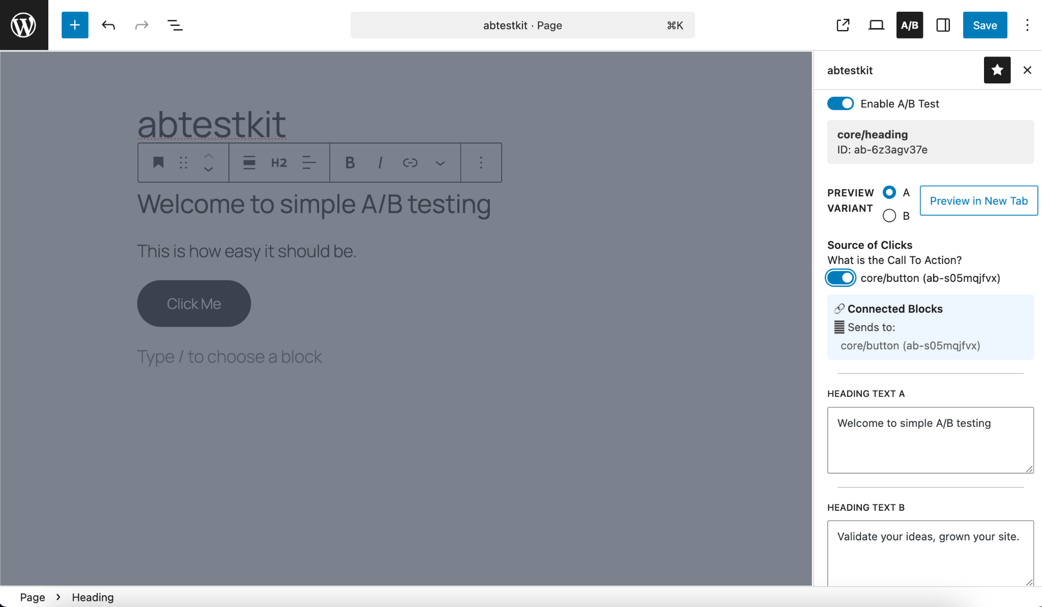 Edit and preview your A/B variants inside the Gutenberg editor.